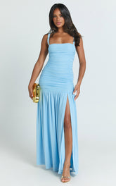Cardi Maxi Dress - Ruched Mesh High Leg Split Dress in Light Blue
